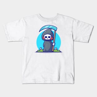 Cute Grim Reaper Holding Scythe Cartoon Vector Icon Illustration (2) Kids T-Shirt